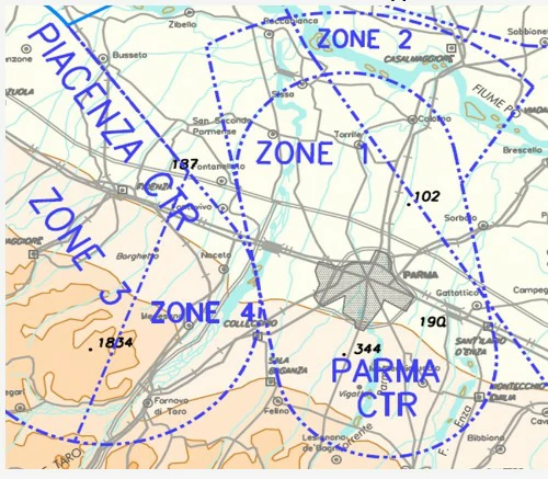 Conocimiento general del vuelo con uas - Según los gráficos de AIP ITALIA, los CTR se representan con colores: