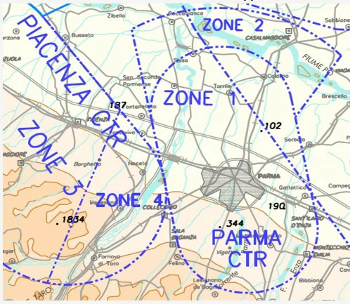 Conocimiento general del vuelo con uas - Según los gráficos de AIP ITALIA, los CTR se representan con colores: