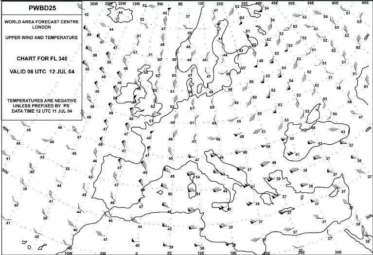 (Pour cette question utiliser l'annexe 033-006).L’écart de température (°C) par rapport à la température standard, à la position 50°N 010°E, est: Préparation et suivi du vol - (Pour cette question utiliser l'annexe 033-006).L’écart de température (°C) par rapport à la température standard, à la position 50°N 010°E, est: