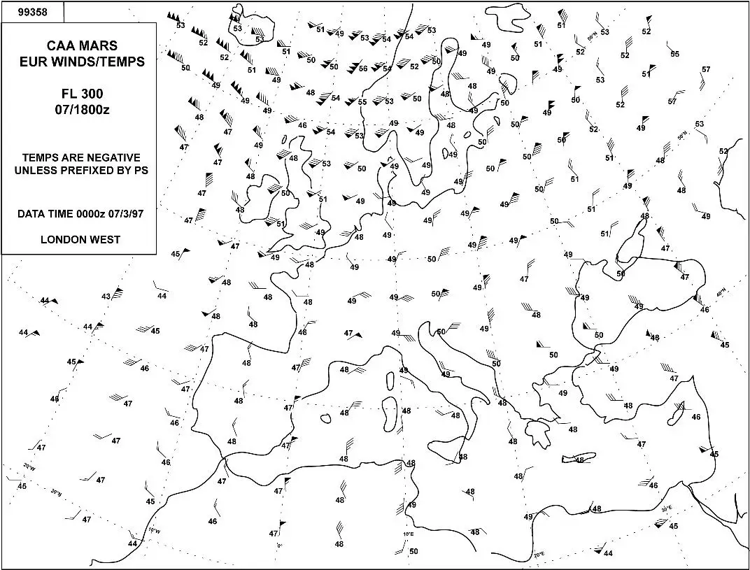 Préparation et suivi du vol - (Pour cette question utiliser l'annexe 033-532).La direction et la force du vent (°/ kt) à 40°N 020°W est: