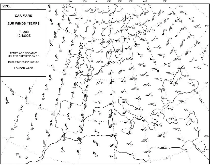 Préparation et suivi du vol - (Pour cette question utiliser l'annexe 033-534).Quel est le vent moyen approximatif (°/kt) sur la route vraie 180° du 50°N au 40°N à 005°W ?