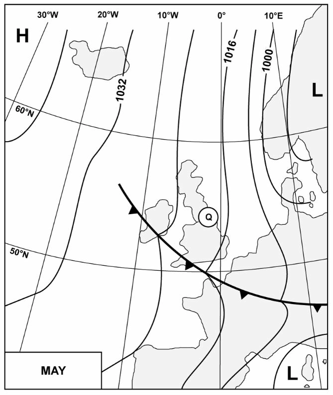 (Pour cette question utiliser l'annexe 050-01000).Le temps le plus probable qui sera rencontré sur la côte à proximité de la position Météorologie - (Pour cette question utiliser l'annexe 050-01000).Le temps le plus probable qui sera rencontré sur la côte à proximité de la position