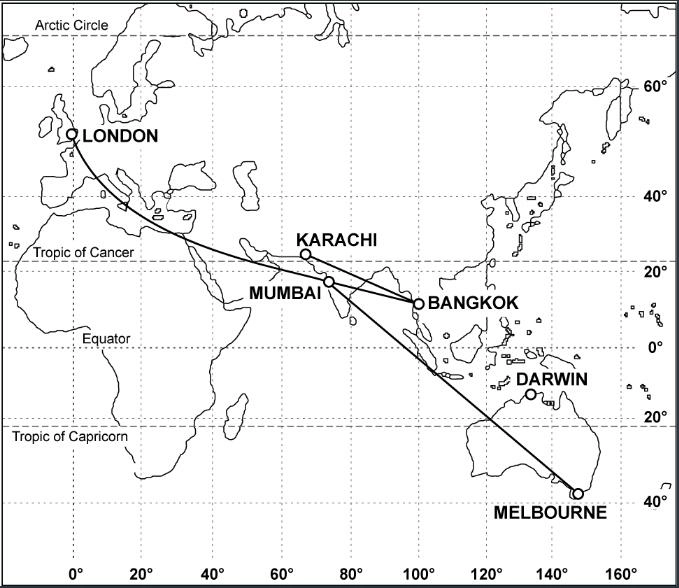 (Pour cette question utiliser l'annexe 050-203).En considérant la route de Londres à Bombay et particulièrement la portion de route entre le 30°E et le 50°E, les vents en altitude, en janvier, au-dessus du FL 300, seront le plus probablement: Météorologie - (Pour cette question utiliser l'annexe 050-203).En considérant la route de Londres à Bombay et particulièrement la portion de route entre le 30°E et le 50°E, les vents en altitude, en janvier, au-dessus du FL 300, seront le plus probablement: