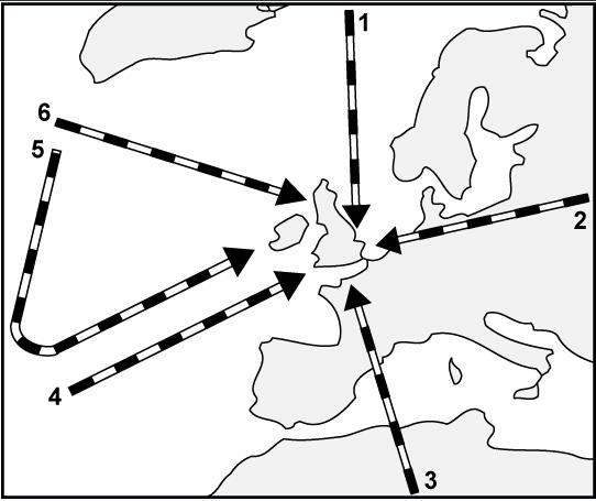 (Pour cette question utiliser l'annexe 050-210).Le type de masse d'air indiqué par la flèche n°4 est: Météorologie - (Pour cette question utiliser l'annexe 050-210).Le type de masse d'air indiqué par la flèche n°4 est:
