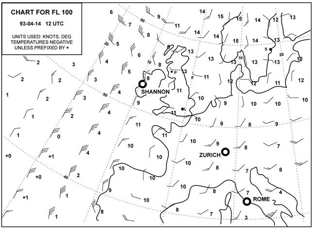 Météorologie - (Pour cette question utiliser l'annexe 050-215).D'après cette carte et en supposant un gradient vertical normal de température, à quelle altitude se situera l'isotherme 0°C à la verticale de Shannon ?