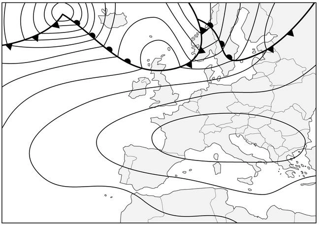 Météorologie - (Pour cette question utiliser l'annexe 050-223).Quelles sont les conditions météorologiques sur l'Italie ?