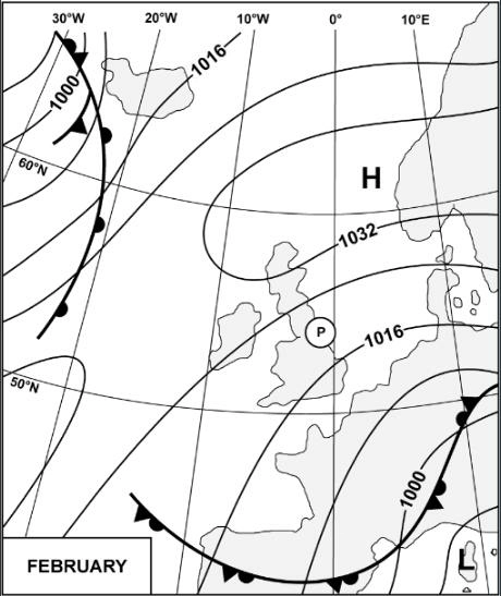Météorologie - (Pour cette question utiliser l'annexe 050-225).Le front situé au Sud du point P, est: