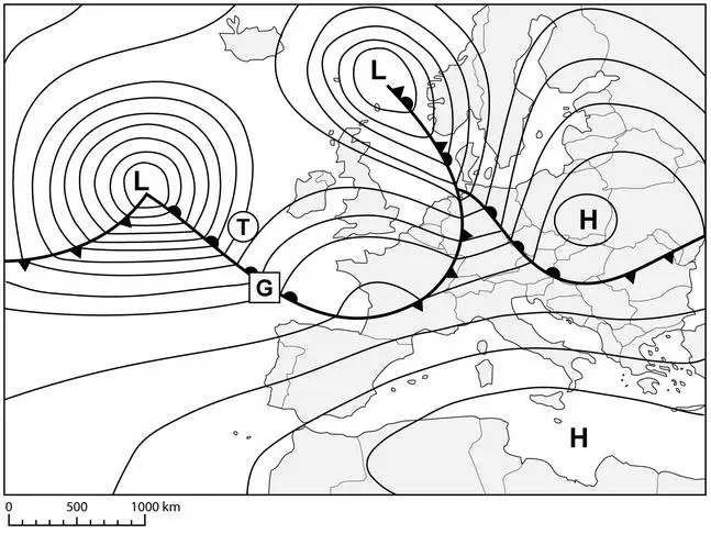 (Pour cette question utiliser l'annexe 050-227).où se trouvent les ondes d'Ouest sur cette carte ? Météorologie - (Pour cette question utiliser l'annexe 050-227).où se trouvent les ondes d'Ouest sur cette carte ?