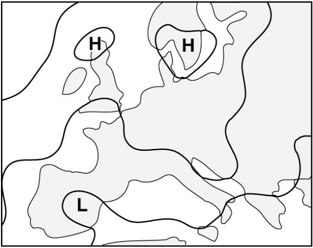 (Pour cette question utiliser l'annexe 050-229).Quelle est la situation météorologique typique sur la carte du temps ? (Espacement des isobares: 5 hPa) Météorologie - (Pour cette question utiliser l'annexe 050-229).Quelle est la situation météorologique typique sur la carte du temps ? (Espacement des isobares: 5 hPa)