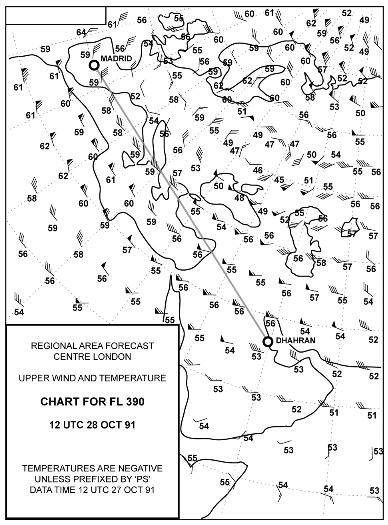 Météorologie - (Pour cette question utiliser l'annexe 050-248).Quel est l'écart de température par rapport avec l'ISA au FL 390 pour un trajet entre Madrid et Dhahran ?