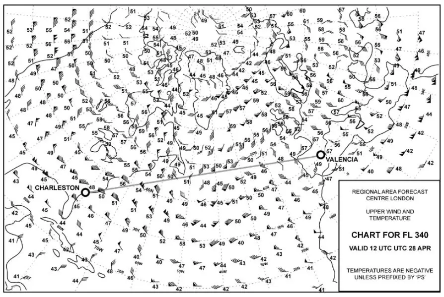 (Pour cette question utiliser l'annexe 050-602).En considérant la route entre Valencia et Charleston au FL 340, la température moyenne prévue est approximativement: Météorologie - (Pour cette question utiliser l'annexe 050-602).En considérant la route entre Valencia et Charleston au FL 340, la température moyenne prévue est approximativement: