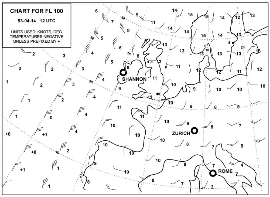 Météorologie - (Pour cette question utiliser l'annexe 050-603).Quelle sera le vent moyen pour un trajet Zurich-Rome au FL 110 ?