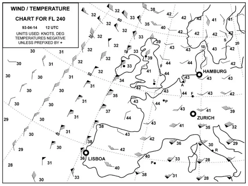 Météorologie - (Pour cette question utiliser l'annexe 050-604).D'après cette carte des vents et températures, quelle sera la température moyenne pour un vol Zurich-Lisbonne au FL 200 ?