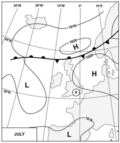 Météorologie - (Pour cette question utiliser l'annexe 050-626).Le front situé entre 10°W et 10°E est le plus probablement: