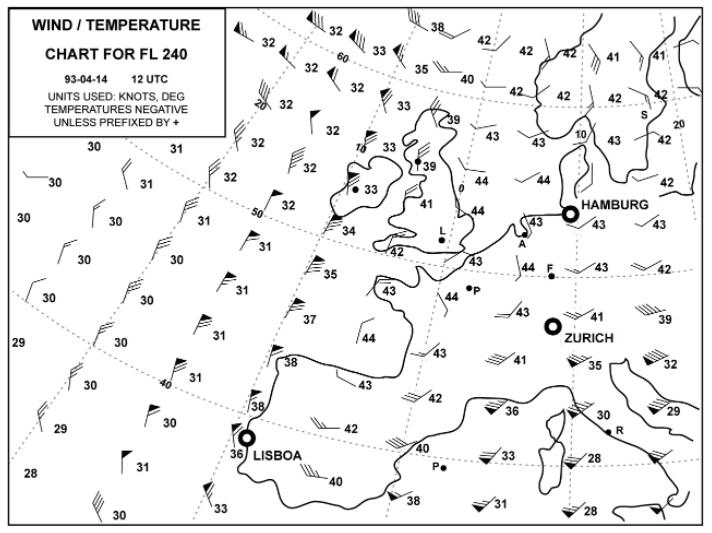 Météorologie - (Pour cette question utiliser l'annexe 050-634).D'après la carte en annexe, le vent moyen sur la route Zurich / Hambourg, au FL 240, sera:
