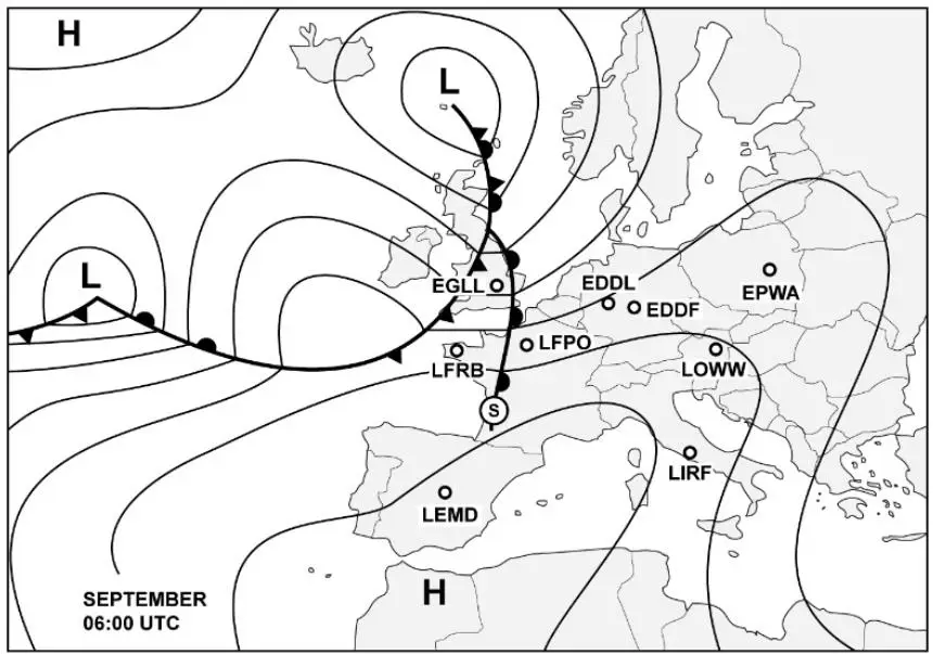 (Pour cette question utiliser l'annexe 050-638).D'après les indications de la carte, lorsque le front Météorologie - (Pour cette question utiliser l'annexe 050-638).D'après les indications de la carte, lorsque le front