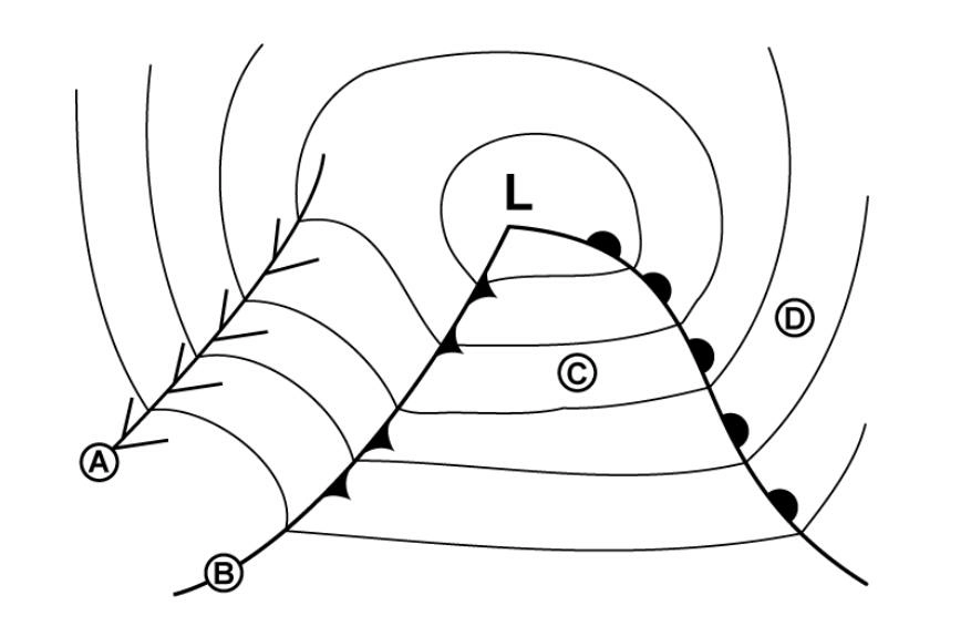(Pour cette question utiliser l'annexe 050-642).Une ligne de convergence est indiquée par la lettre: Météorologie - (Pour cette question utiliser l'annexe 050-642).Une ligne de convergence est indiquée par la lettre: