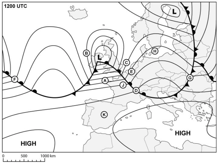 (Pour cette question utiliser l'annexe 050-650).Le front noté 'F Météorologie - (Pour cette question utiliser l'annexe 050-650).Le front noté 'F