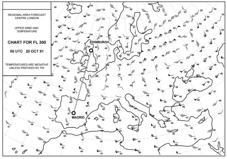 Météorologie - (Pour cette question utiliser l'annexe 050-651).Quelle est la différence de température moyenne par rapport à  l'ISA au FL 300 entre Edimbourg et Madrid ?