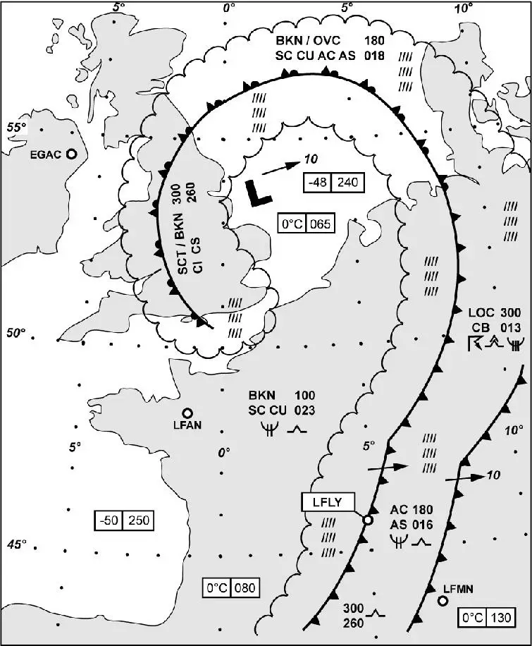 (Pour cette question utiliser l'annexe 050-652).A 12 h 00 UTC sur l'aéroport de Lyon (LFLY), situé à approximativement 45°45'N 005°E, le ciel est couvert par des stratocumulus (SC) et des altostratus (AS) et il pleut. A l'aide de la carte de temps significatif en annexe, valide à 12 h 00 UTC, déterminer l'heure à laquelle on peut estimer une amélioration du temps significatif (fin de la pluie) à Lyon. Météorologie - (Pour cette question utiliser l'annexe 050-652).A 12 h 00 UTC sur l'aéroport de Lyon (LFLY), situé à approximativement 45°45'N 005°E, le ciel est couvert par des stratocumulus (SC) et des altostratus (AS) et il pleut. A l'aide de la carte de temps significatif en annexe, valide à 12 h 00 UTC, déterminer l'heure à laquelle on peut estimer une amélioration du temps significatif (fin de la pluie) à Lyon.