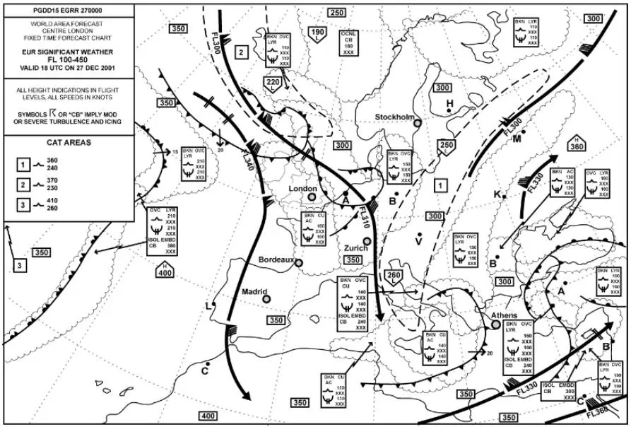 (Pour cette question utiliser l'annexe 050-656).A en juger par la carte, sur laquelle des ces routes pouvez vous vous attendre à rencontrer de la TAC modérée au FL 300 ? Météorologie - (Pour cette question utiliser l'annexe 050-656).A en juger par la carte, sur laquelle des ces routes pouvez vous vous attendre à rencontrer de la TAC modérée au FL 300 ?