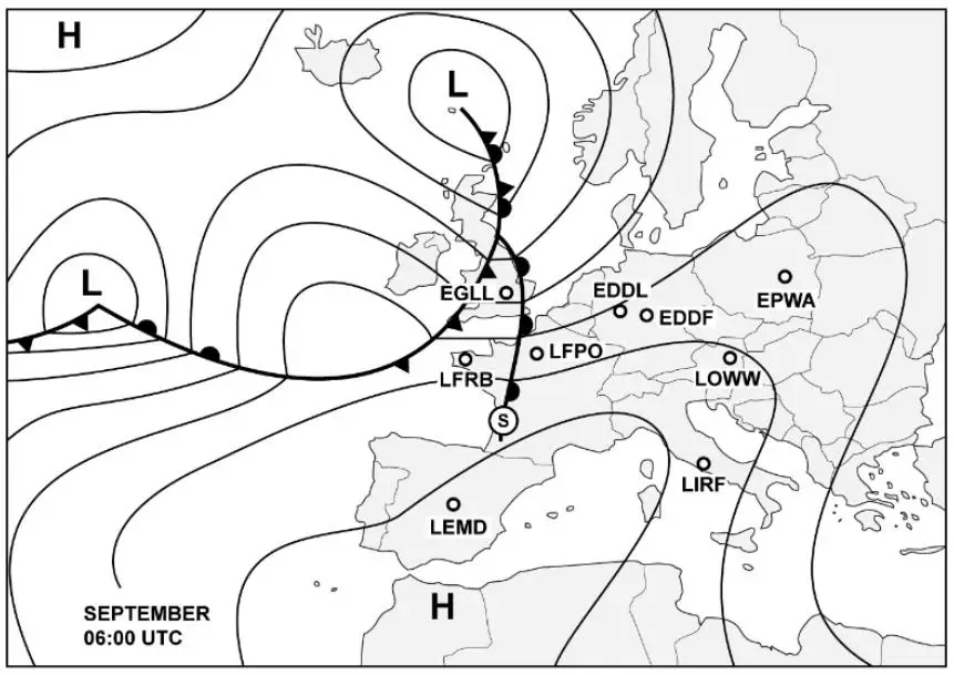 Météorologie - (Pour cette question utiliser l'annexe 050-657).Quel aéroport possède la probabilité la plus élevée de pluie à  12 h 00 UTC ?