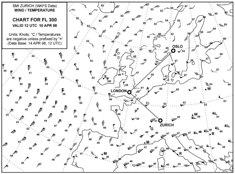 (Pour cette question utiliser l'annexe 050-658).Déterminer la température moyenne sur la route Londres-Oslo au FL 260: Météorologie - (Pour cette question utiliser l'annexe 050-658).Déterminer la température moyenne sur la route Londres-Oslo au FL 260: