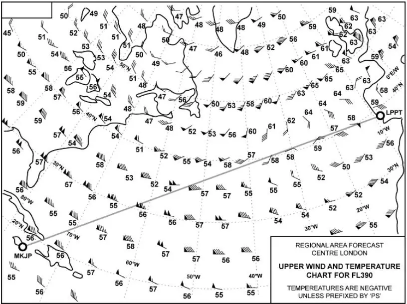 (Pour cette question utiliser l'annexe 050-659).Vol de Lisbonne (LPPT) à Kingston (MKJP). Sur la route indiquée sur la carte, quel est l'écart de température par rapport à l'atmosphère standard au FL 390 à la position 20°W ? Météorologie - (Pour cette question utiliser l'annexe 050-659).Vol de Lisbonne (LPPT) à Kingston (MKJP). Sur la route indiquée sur la carte, quel est l'écart de température par rapport à l'atmosphère standard au FL 390 à la position 20°W ?