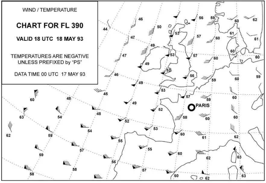 (Pour cette question utiliser l'annexe 050-662).Quel est le vent prévu au FL 390 à la verticale de Paris ? Météorologie - (Pour cette question utiliser l'annexe 050-662).Quel est le vent prévu au FL 390 à la verticale de Paris ?