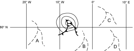 (Pour cette question, utilisez l'annexe 050-7164).En vous référant à l’annexe et en supposant le sens habituel de déplacement, vers quelle position cette surface frontale se sera déplacée ? Météorologie - (Pour cette question, utilisez l'annexe 050-7164).En vous référant à l’annexe et en supposant le sens habituel de déplacement, vers quelle position cette surface frontale se sera déplacée ?