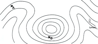 (Pour cette question, utilisez l'annexe 050-7782).Un avion vole du point A vers le point B. Le calage altimétrique est 1013,2 hPa. D’après la carte de haute altitude, laquelle des propositions suivantes est correcte ? Météorologie - (Pour cette question, utilisez l'annexe 050-7782).Un avion vole du point A vers le point B. Le calage altimétrique est 1013,2 hPa. D’après la carte de haute altitude, laquelle des propositions suivantes est correcte ?