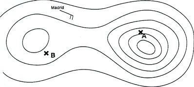 Météorologie - (Pour cette question utiliser l'annexe 050-7787).Un avion vole du point A vers le point B. Le calage altimétrique est 1013,2 hPa. D’après la carte de haute altitude, laquelle des propositions suivantes est correcte ?