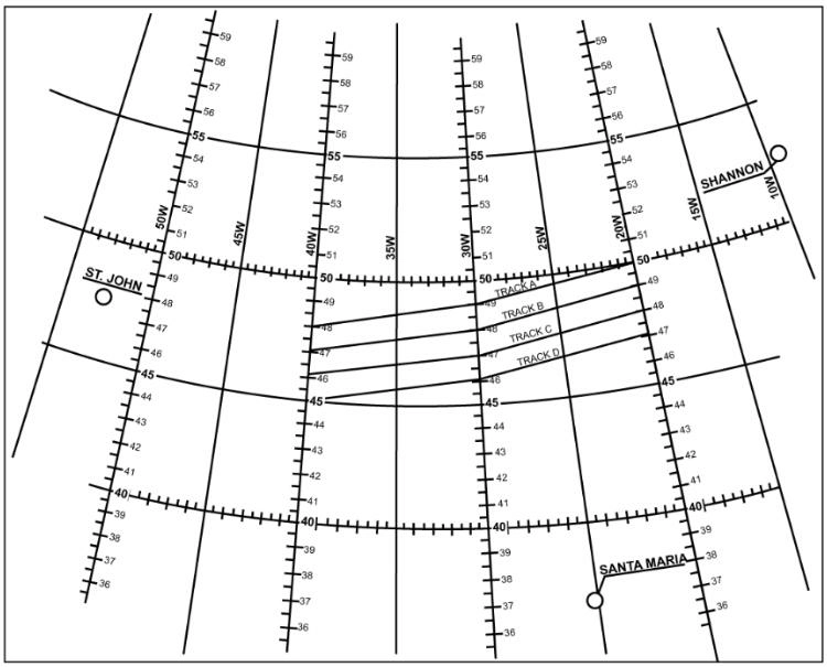 Procédures opérationnelles - (Pour cette question utiliser l'annexe 070-104). Vol de Paris à Washington avec un biréacteur, autorisation ETOPS 105 minutes, Vp monomoteur 420 kt. Track A: temps de vol 8 h 03. Track B: temps de vol 8 h 10. Track C: temps de vol 8 h 15. Track D: temps de vol 8 h 20. Les trois aérodromes d'appui ETOPS sont: SHANNON, SANTA-MARIA et ST JOHN TORBAY. Le track retenu pour la traversée sera:
