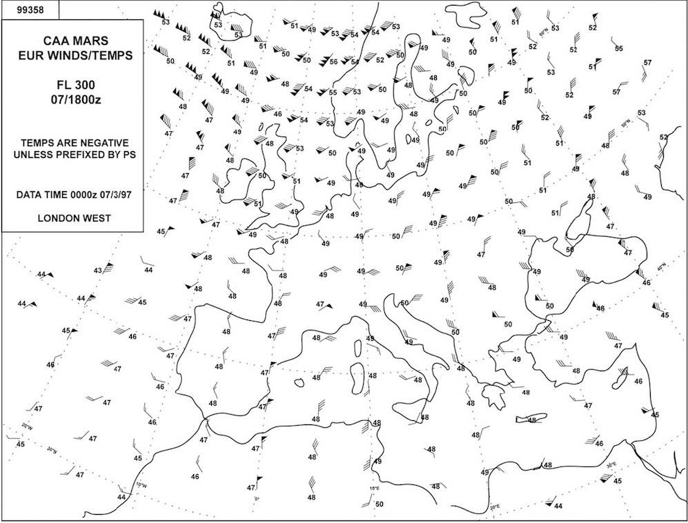 Planificación y Supervisión del Vuelo - ¿Qué temperatura media (°C) es probable en un rumbo de 360° (T) desde 40°N a 50°N en 040°E?