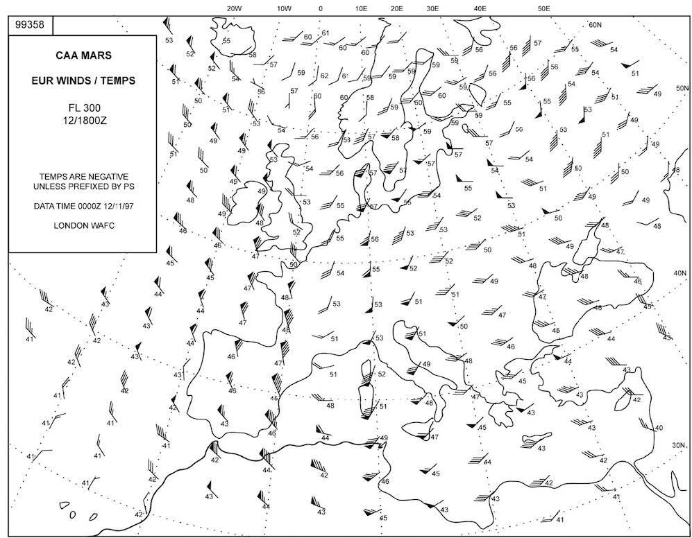 Planificación y Supervisión del Vuelo - El W/V (°/nudos) en 60° N 015° W es
