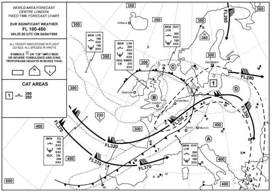 Meteorology - On the supplied training SIGWX chart, consider the Munich–Amsterdam route outside any cumulonimbus cells. Which listed flight level is above the depicted layer-cloud tops and below the base of the CAT area affecting the route?