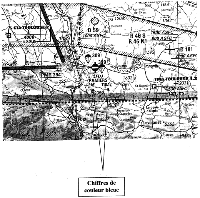Navigation - (Pour cette question, utilisez l'annexe 061-32552).Les indications chiffrées 1115 et 118,17 inscrites sous le nom du terrain de PAMIERS (LFDJ) représentent respectivement: