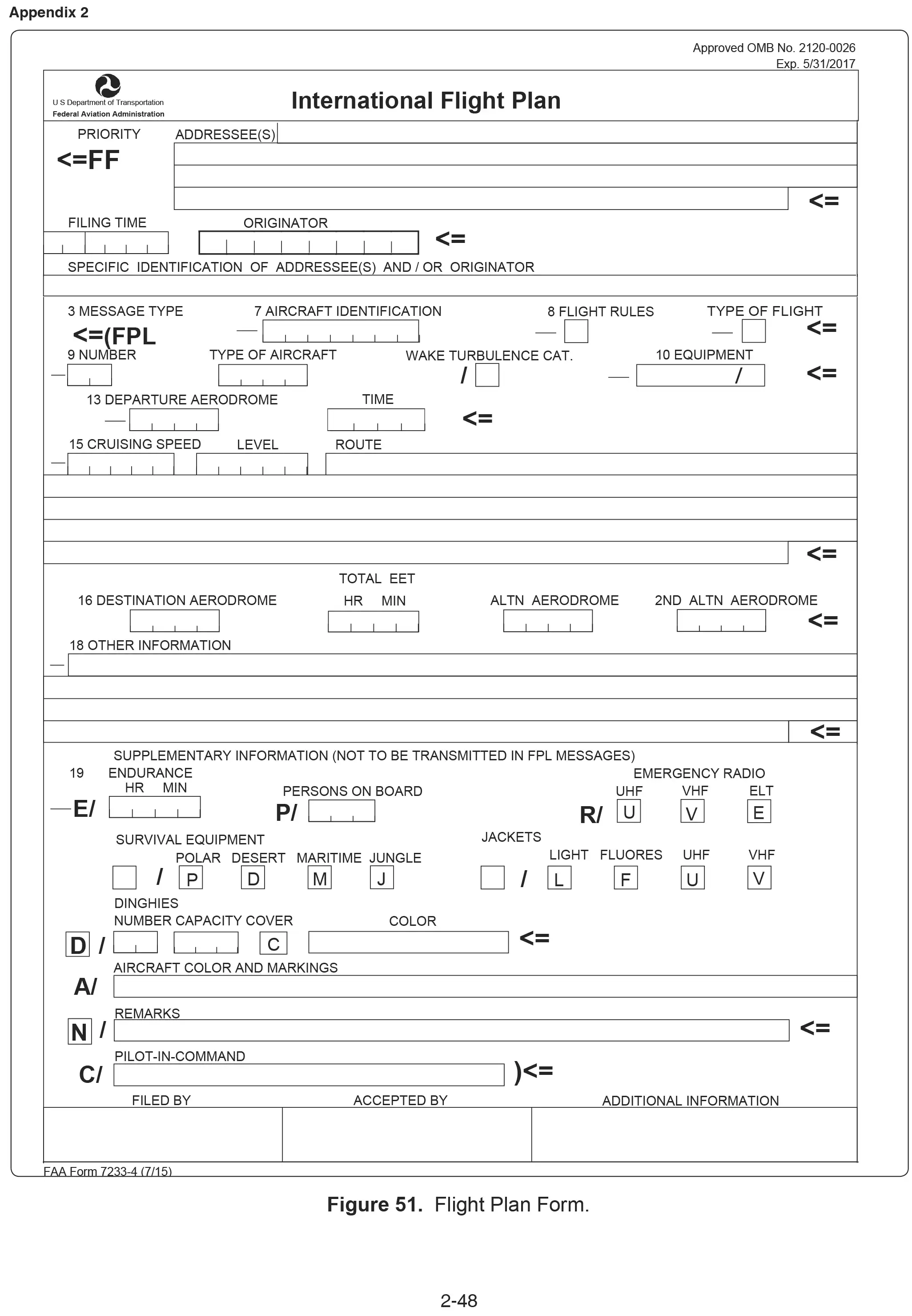 (Refer to figure 51) What should be entered into box 15 of the ICAO flight plan form? Preflight Preparation - (Refer to figure 51) What should be entered into box 15 of the ICAO flight plan form?