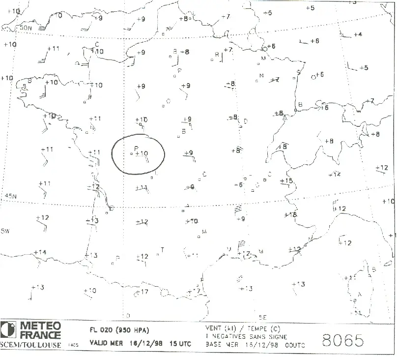 Météorologie - (Pour cette question, utilisez l'annexe 050-434). 
    Au niveau de vol 20, au voisinage de Poitiers (région cerclée), le vent prévu vient de l'est: