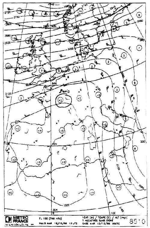 Météorologie - (Pour cette question, utilisez l'annexe 050-435). 
    Au niveau de vol 100, au voisinage de Paris (région cerclée), le vent prévu vient de l'ouest: