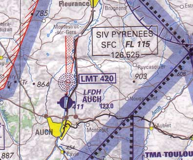 Navigation - (Pour cette question, utilisez l'annexe 061-3255) 
Les indications chiffrées inscrites sous le terrain de Auch (LFDH) 411 et 123.0 représentent respectivement: