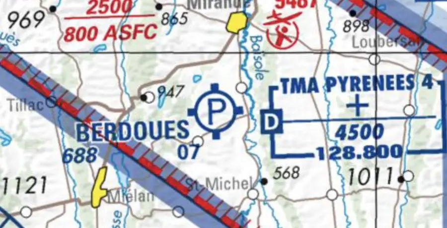 Navigation - (Pour cette question, utilisez l'annexe 061-3257). 
Le terrain de Berdoues représenté en bleu est un aérodrome: