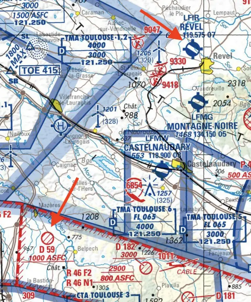 Navigation - (Pour cette question, utilisez l'annexe 061-3258). 
La flèche désignant un symbole bleu et la flèche désignant un symbole rouge montrent respectivement: