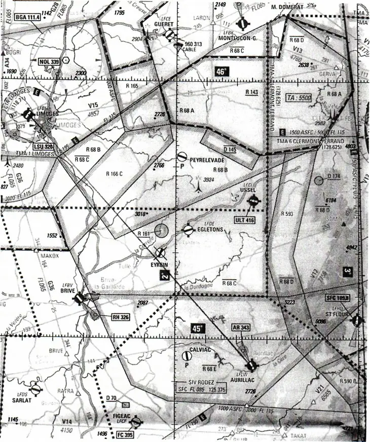 Navigation - (Pour cette question, utilisez l'annexe 061-3360). 
La route vraie et la distance en NM pour aller de Limoges à Aurillac sont: