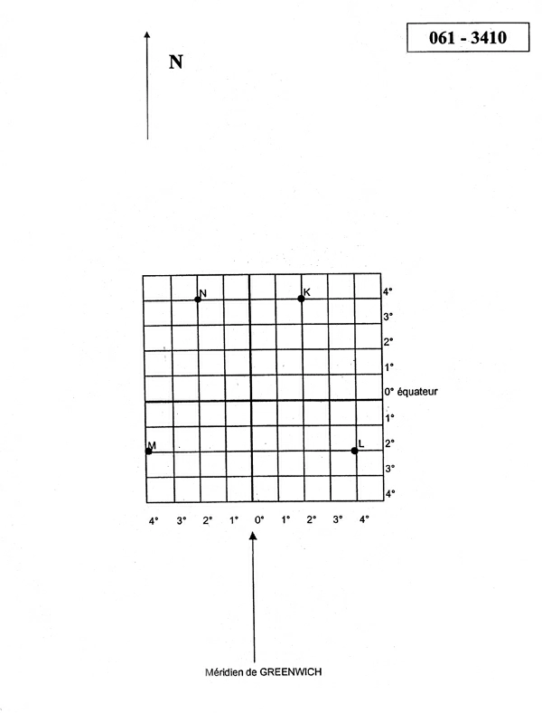 Navigation - (Pour cette question, utilisez l'annexe 061-3410). 
Le point de coordonnées 04°N-002°E se trouve sur l'annexe en: