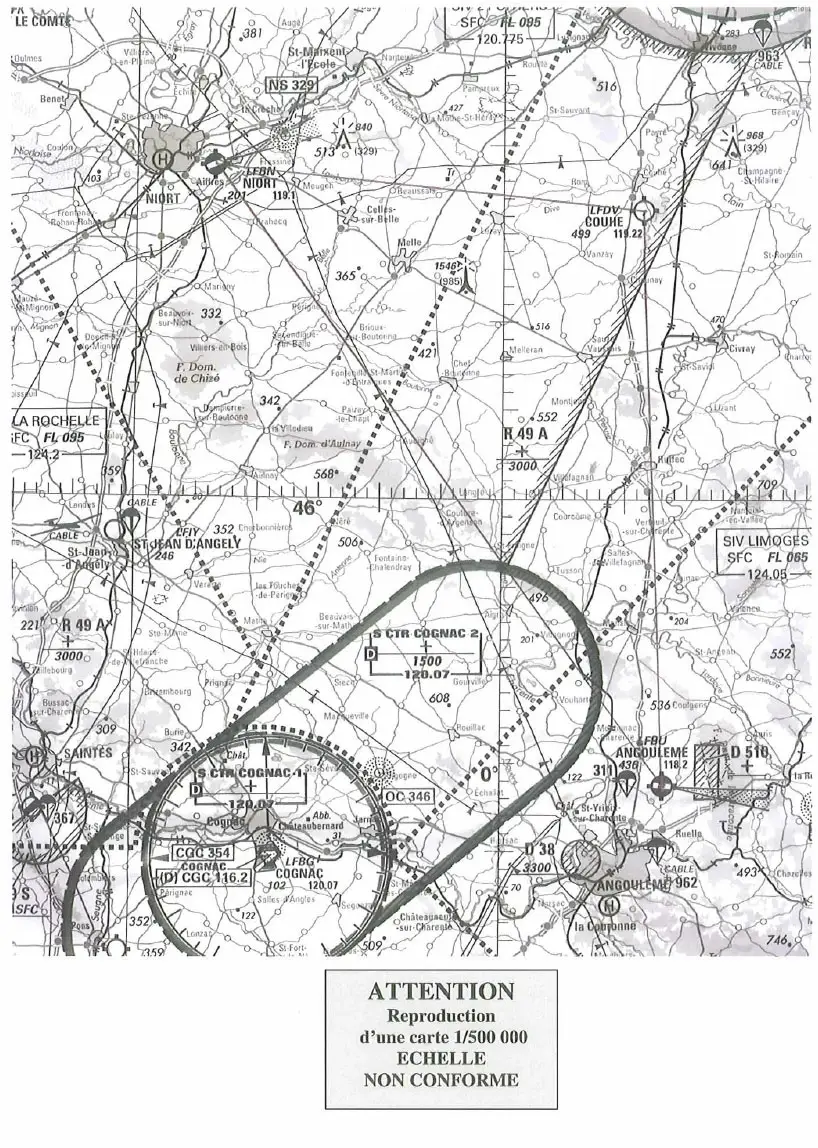 Navigation - (Pour cette question, utilisez l'annexe 061 -3474) 
Sur la carte 1/500 000, la distance sol parcourue lors d'un voyage Angoulême-Niort-Couhé-Angoulême est: