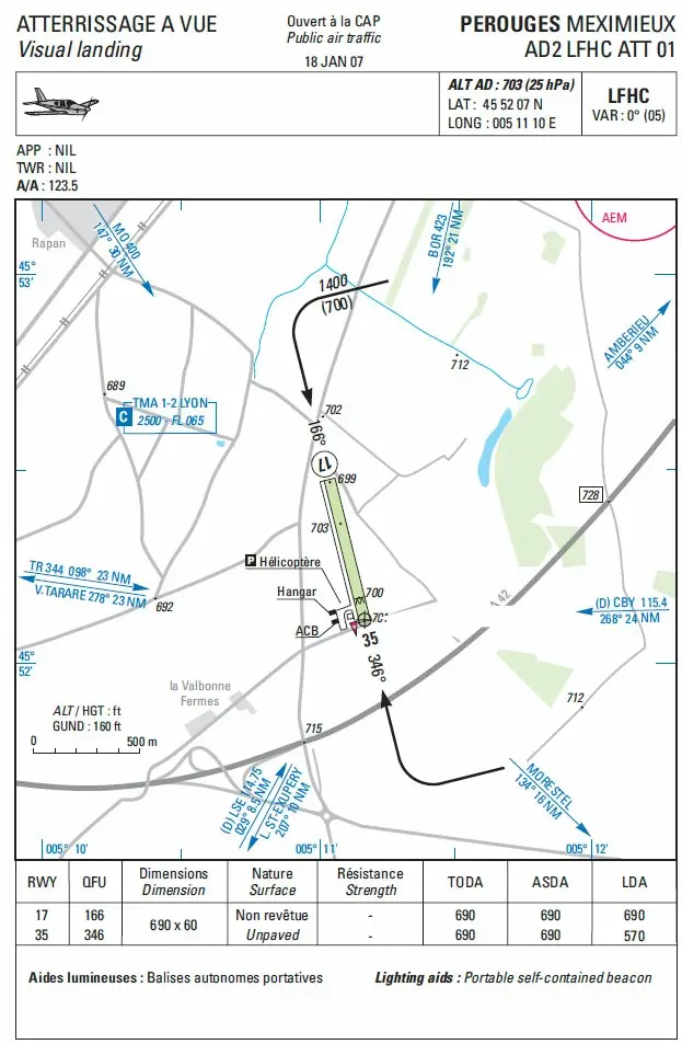 Navigation - (Pour cette question, utilisez l'annexe 061-5315). 
Sur la carte VAC de Pérouges-Meximieux (LFHC), à l'extrémité de la flèche, la croix entourée d'un cercle et située au seuil de piste 35 correspond: