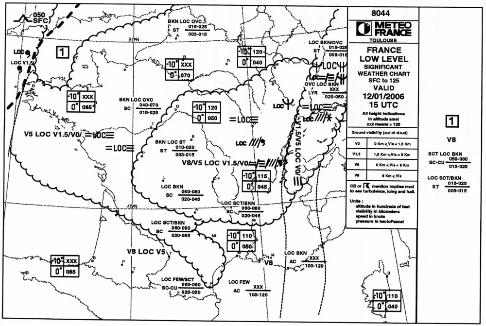 Météorologie - (Pour cette question, utilisez l'annexe 061-5367). 
    Vous disposez de la carte TEMSI FRANCE du 12/01/2006. Il est 15 h 00 UTC et vous envisagez un vol local au départ de Nantes.