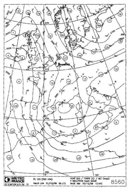 Météorologie - (pour cette question, utilisez l'annexe 050-582). 
    Le vent prévu au voisinage de Bruxelles au niveau de vol 100 est: