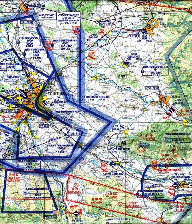Navigation - (Pour cette question, utilisez l'annexe 061-3303). 
Un pilote désire effectuer le vol Pamiers (LFDJ) - Castres (LFCK) - Montauban (LFDB). A l'aide de la carte, il relèvera comme route vraie et comme distance pour chaque tronçon: